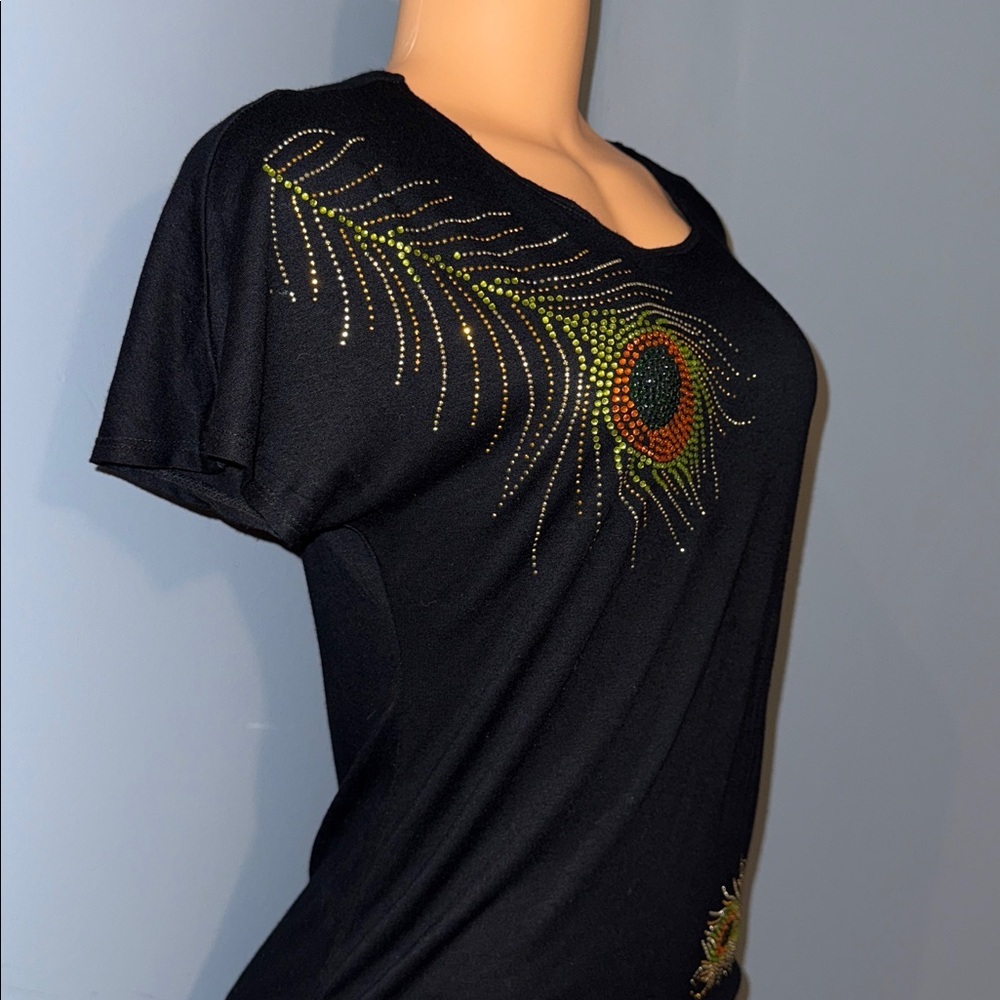 Yelbrey Black Rhinestone Peacock Feather Ruched Mini Dress | Size Medium - Picture 6 of 9